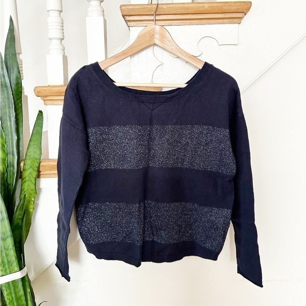 Banana Republic Navy Blue Metallic Stripe Cotton Wool Blend Sweater Size XS